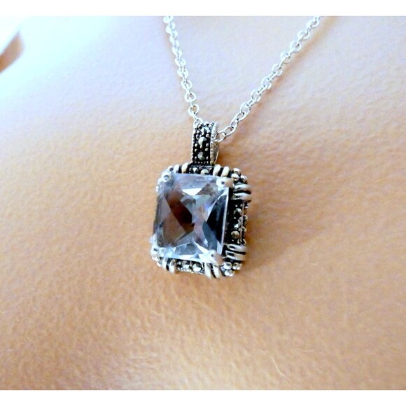 VTG Rock Quartz Crystal Marcasite Sterling Silver Pendant - Picture 8 of 8